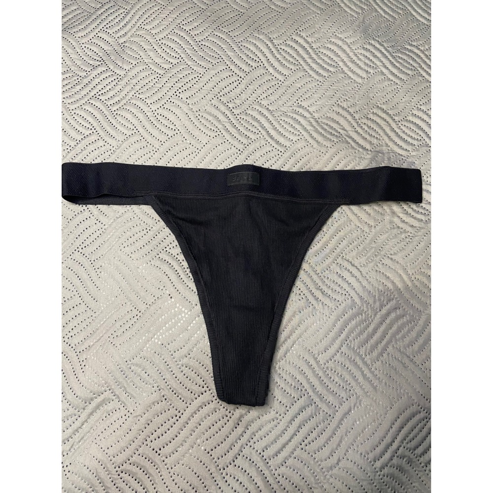 SKIMS Cotton Rib Thong Soot Black Size 2X High Cut Ribbed Underwear NWT - Picture 3 of 3